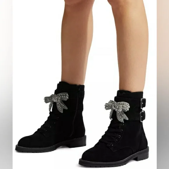 KURT GEIGER LONDON Women's Sutton Bow Suede Combat Boots - Picture 2 of 7